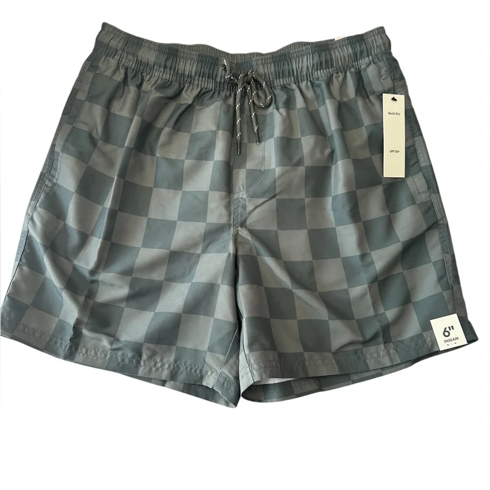 No Boundaries Men's Checkered Elastic Waist Swim Trunks, 6